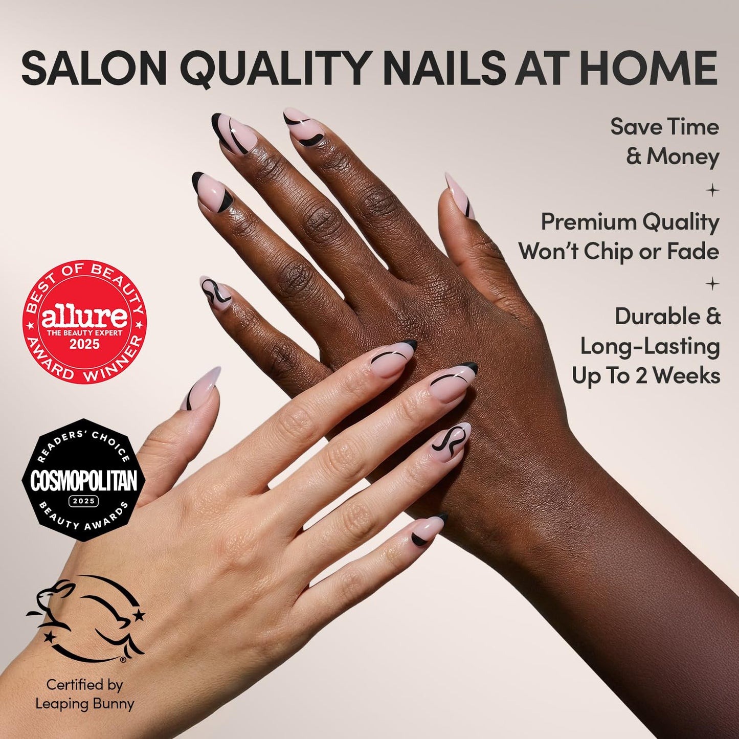 Glamnetic Press On Nails - Ink Wave | Short Almond Fake Nails with a Sheer Base, Black Swirl Designs in a Glossy Finish, Salon Quality | 15 Sizes - 30 Nail Kit with Glue