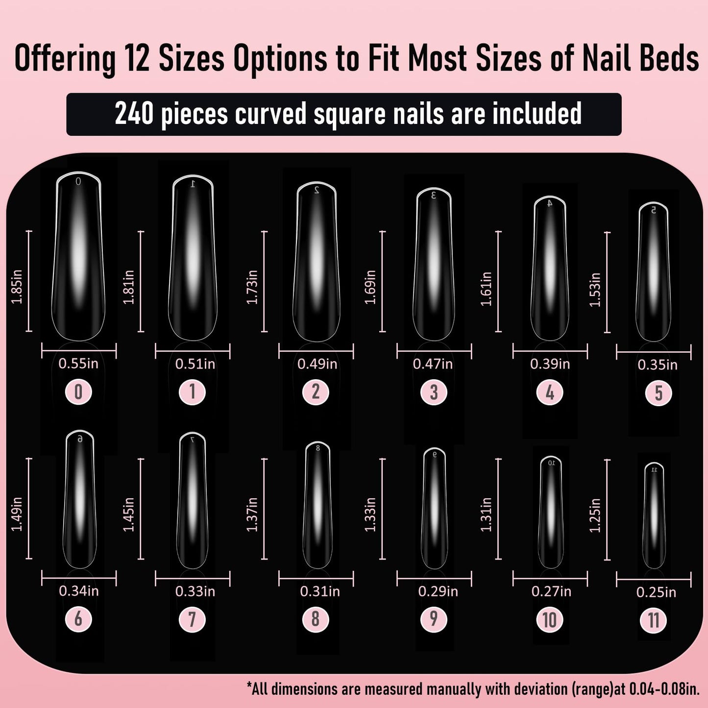 Wellquinn Curved Square Nail Tips Press on Full Cover Nails, Extra Curve Clear XXL Square Nail Tips Long XL Acrylic Fake Nails Extension, French False Nail 12 Sizes 240pcs