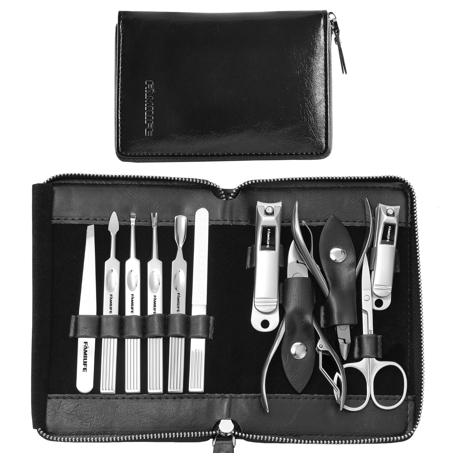 Manicure Kit, FAMILIFE Professional Manicure Set Nail Kit, 11 in 1 Stainless Steel Nail Clippers Set, with Portable Black Leather Travel Case Luxury Gifts for Him
