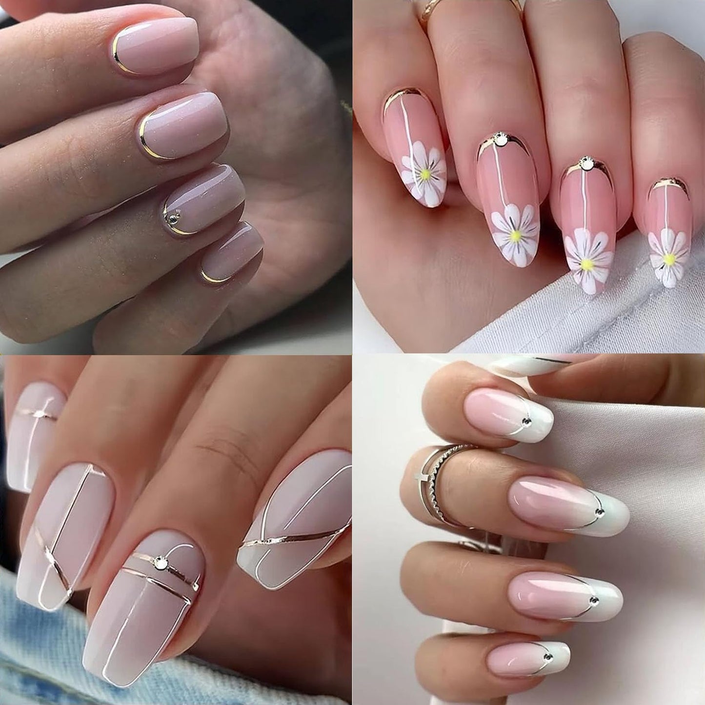 French Line Nail Art Stickers,Gold Silver Line Diamond Nail Stickers 5D Self-Adhesive Nail Decals 2Pcs Nail Art Supplies Gold Silvery Lines Stripe Deisgns for Women Nails Decor