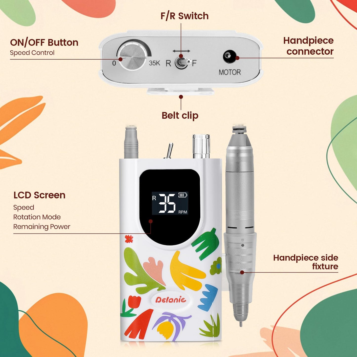 Delanie Professional Nail Drill High Torque 35000 RPM Rechargeable Portable Electric Nail File Filer for Acrylic Gel with Cuticle Bits, Salon Manicure Tool, Matisse White