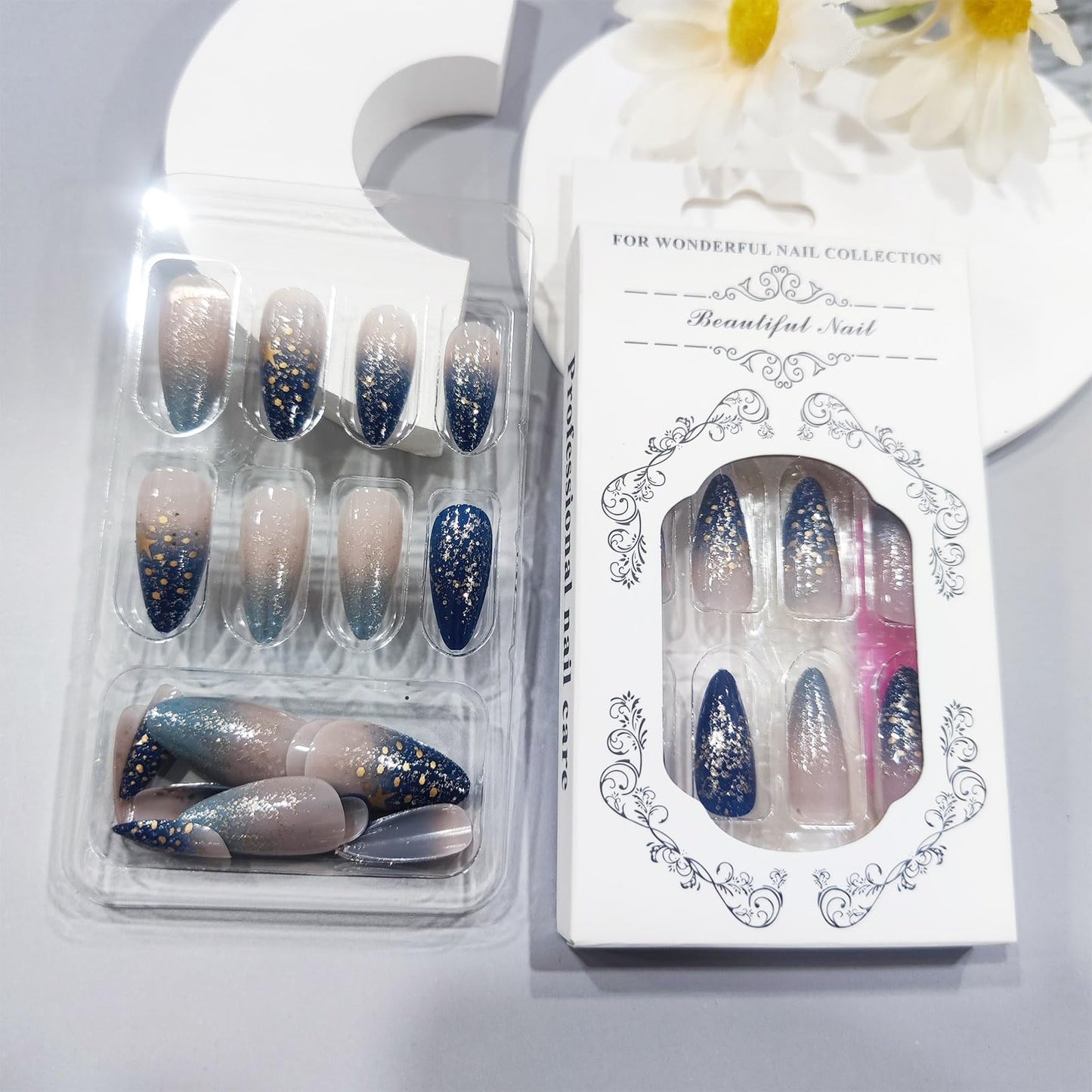 Starry Sky Medium Almond False Nail Gold Stars Press on Nails Glossy Blue Gradient Stick on Nail 24Pcs Silver Glitter Gel Glue on Fingernails Acrylic Full Cover Fake Nails for Holiday Manicure Art