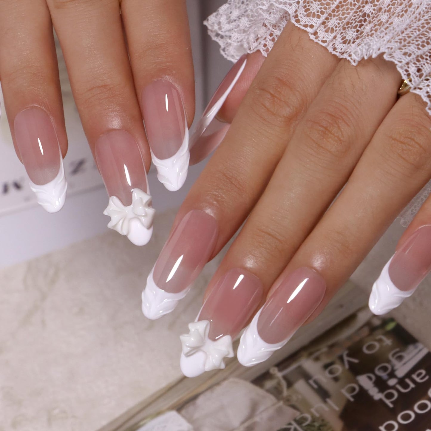 CUZIAM Press on Nails White French Tip Medium Almond Handmade, 5D Charms Cute Bow Design Glossy Nude Pink Fake Nails Stick on Nail XL, Full Cover Reusable False Acrylic Nail Manicure for Women-14pcs,L