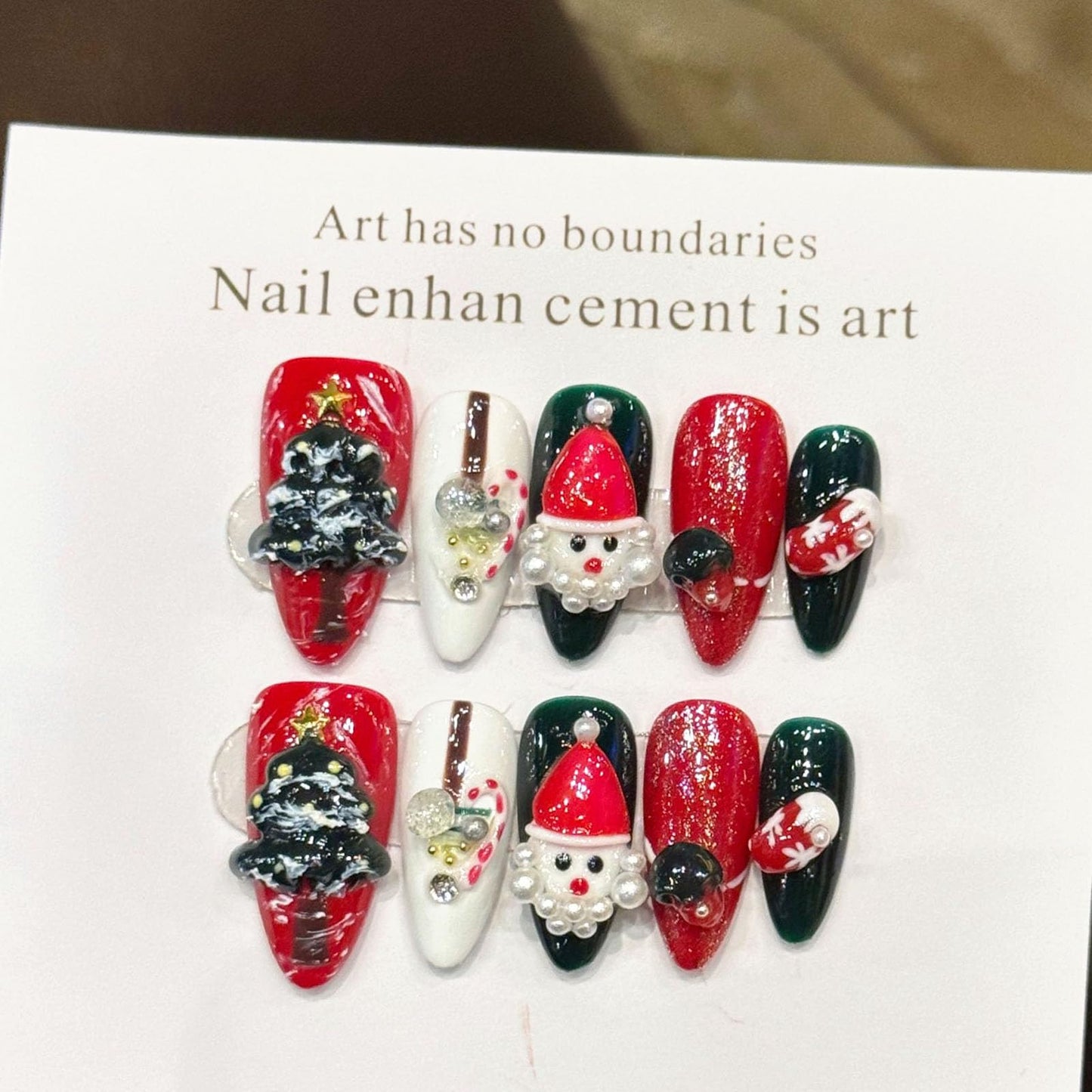 10 Pcs Christmas Handmade Acrylic Press on Nails Almond Medium Fake Nails with Design 3D Christmas Tree and Santa Claus Glue on Nails Artificial Handmade Christmas Nails for Women - Size M
