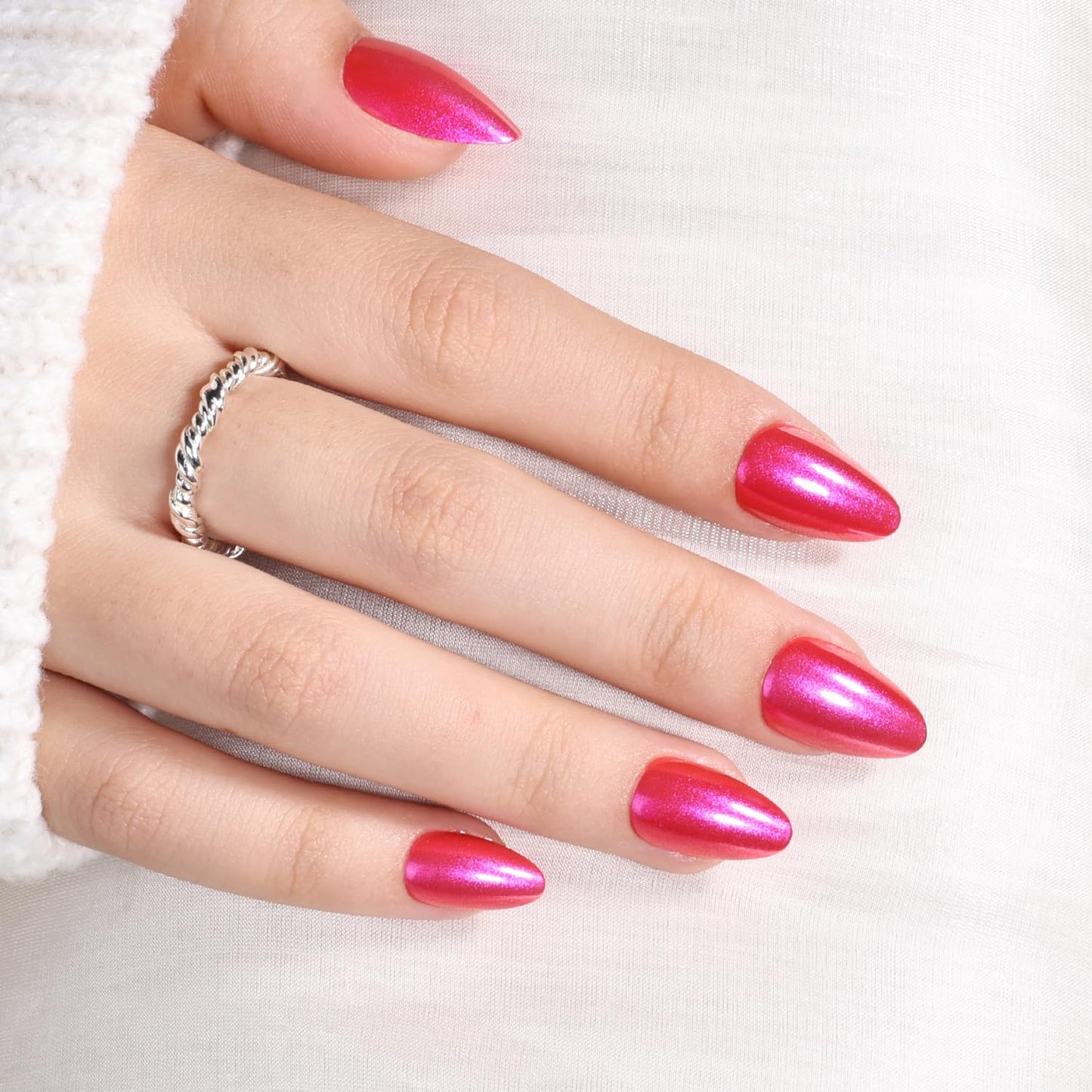 Leefrei Red Press on Nails - Short Almond Glossy Shimmer Velvet Red Fake Nails, Soft Gel Reusable Nails Press ons for Women, 32 pcs in 16 Sizes False Nails Kit with Glue, Velvet Flame