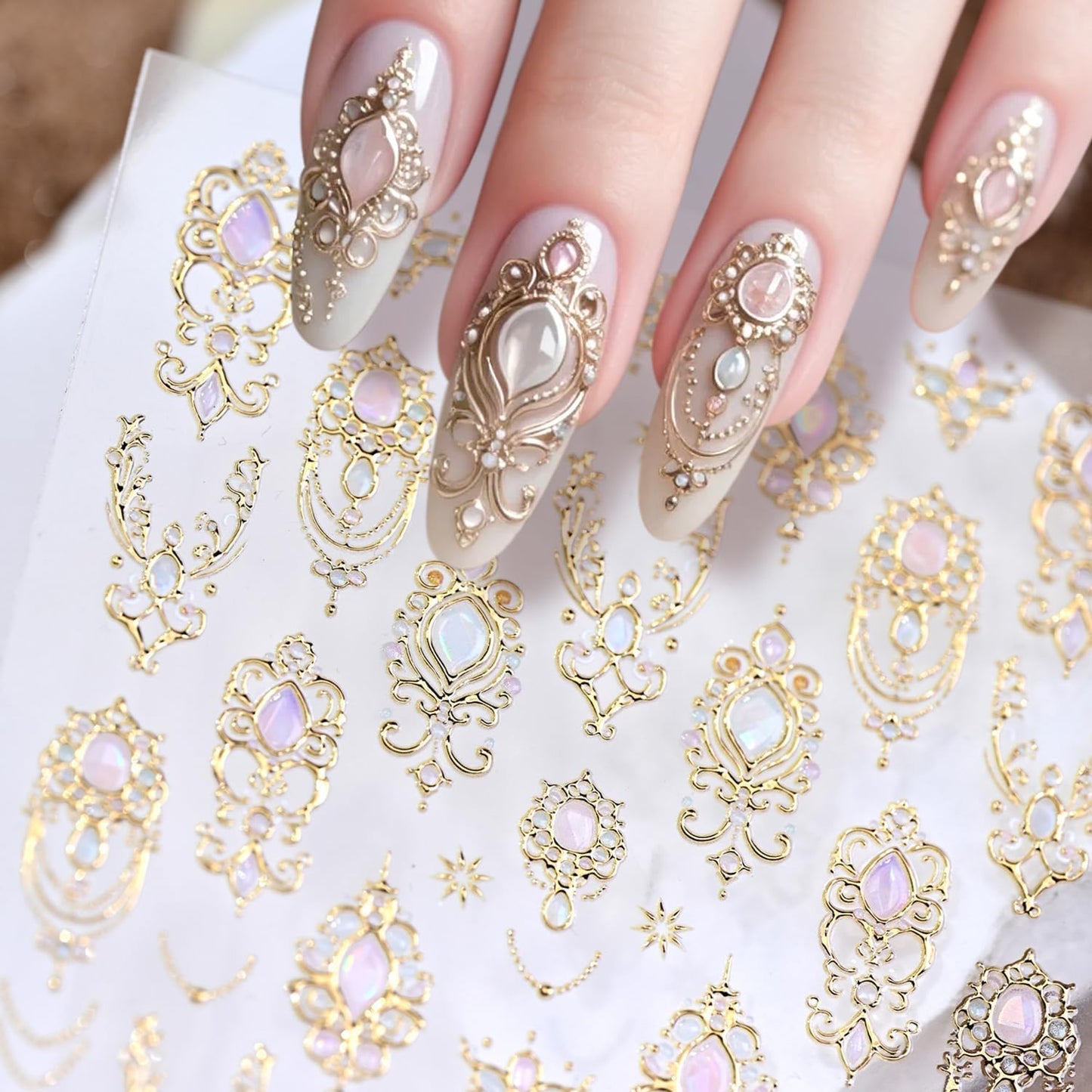 Gold Nail Stickers for Nail Art 5D Embossed Gemstone Nail Art Stickers Gold Mace Nail Decals Self-Adhesive Nails Design Supplies for Women Girls DIY Manicure