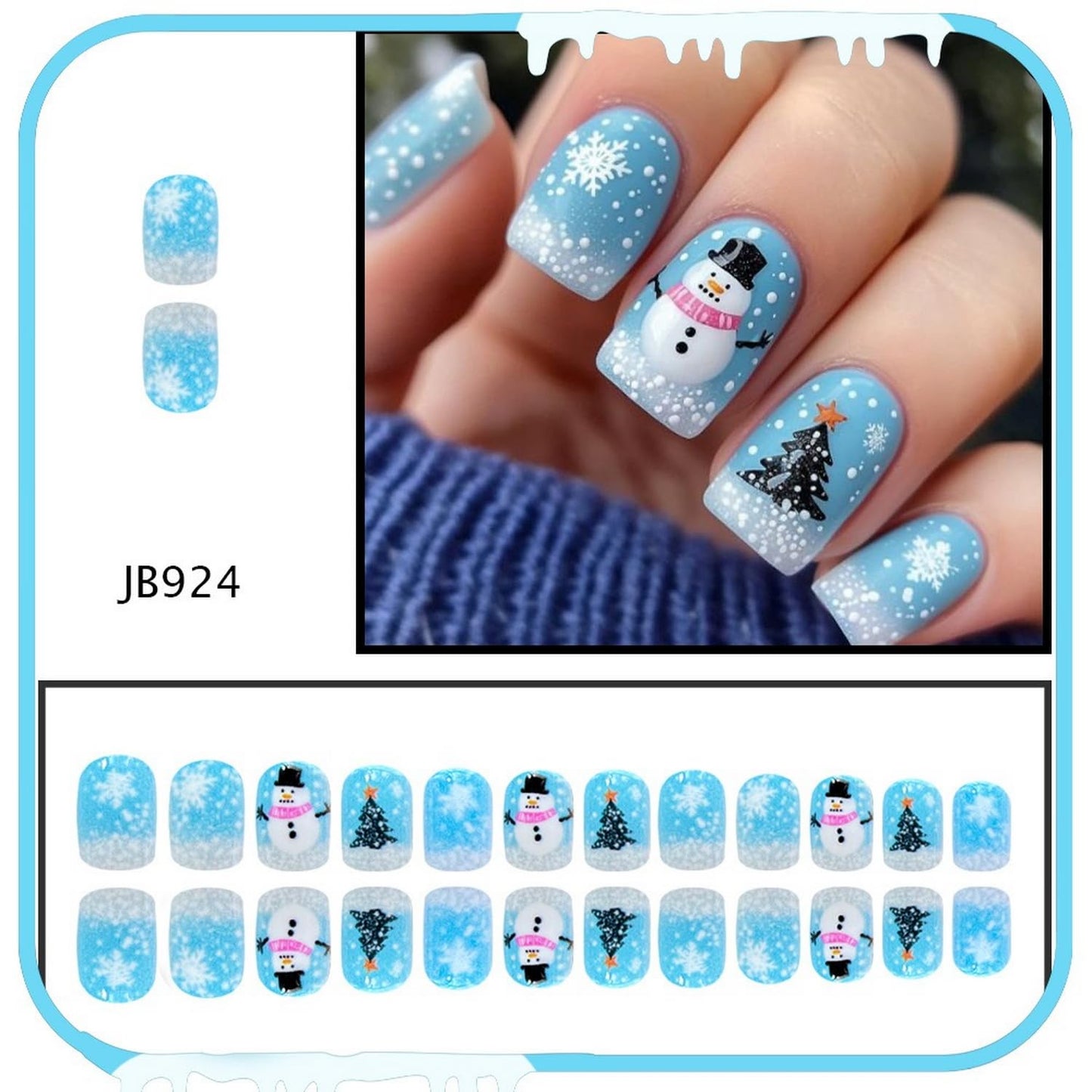 Christmas Press on Nails Winter Cute Snowman Snowflake Christmas Tree Fake Nails Designs Short Square False Nails Women Blue Christmas Glue on Nails Full Cover Reusable Glossy Holiday 24 Pcs