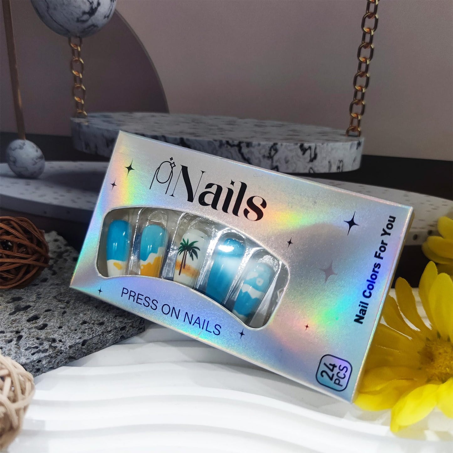 24Pcs Summer Sea Press on Nails Beach Acrylic Medium Coffin Fake Nail Coconut Palm Gel Glue on Nail Glossy White French Tips False Nails Curve Stick on Fingernails for Coquette Women Girls