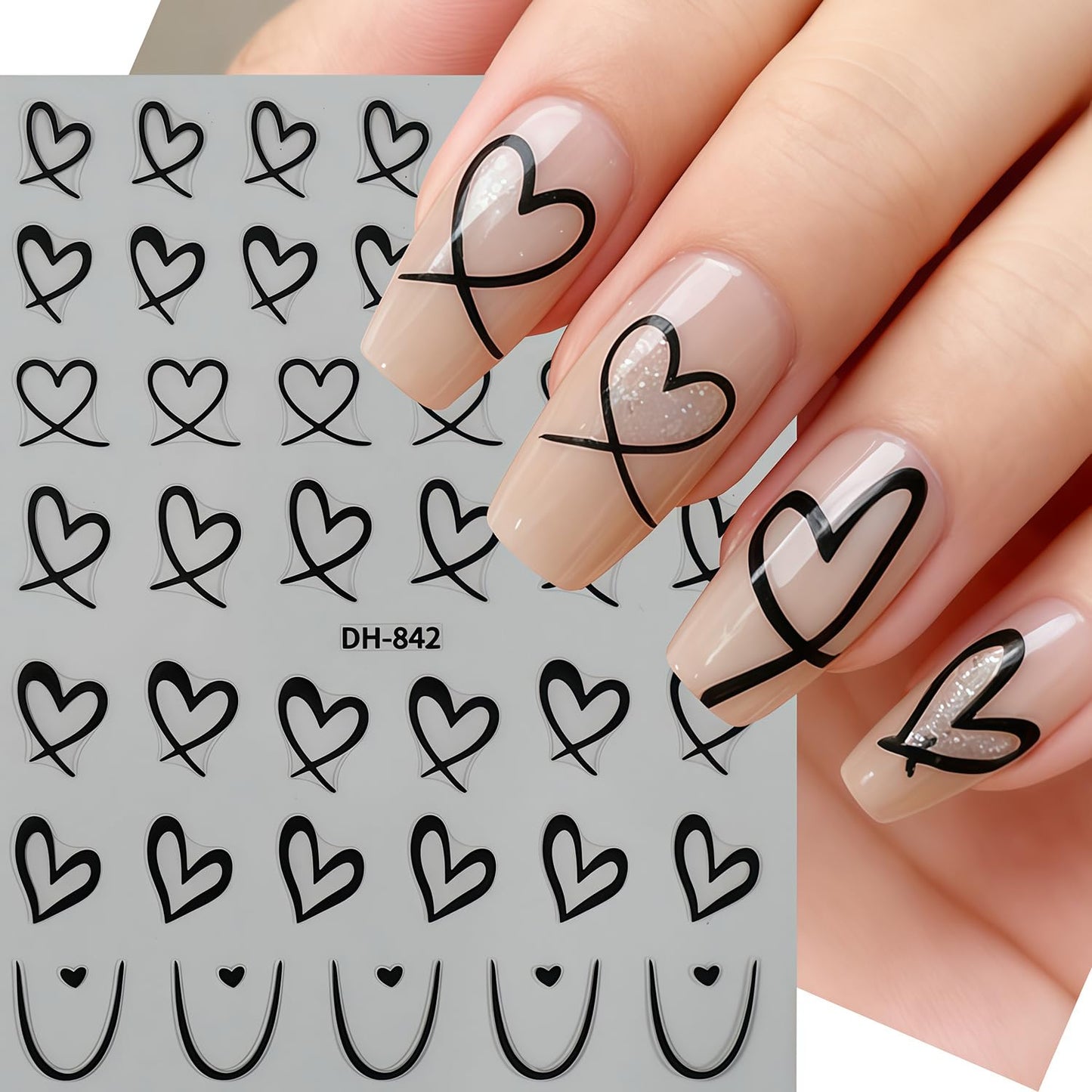 6 Sheets Valentine Heart Nail Art Stickers D Self Adhesive Hearts Nail Decals Stickers Black White Gold Pink Hollow Cute Heart Love Nail Sticker Design Valentines Manicure Decal for Women DIY Nails