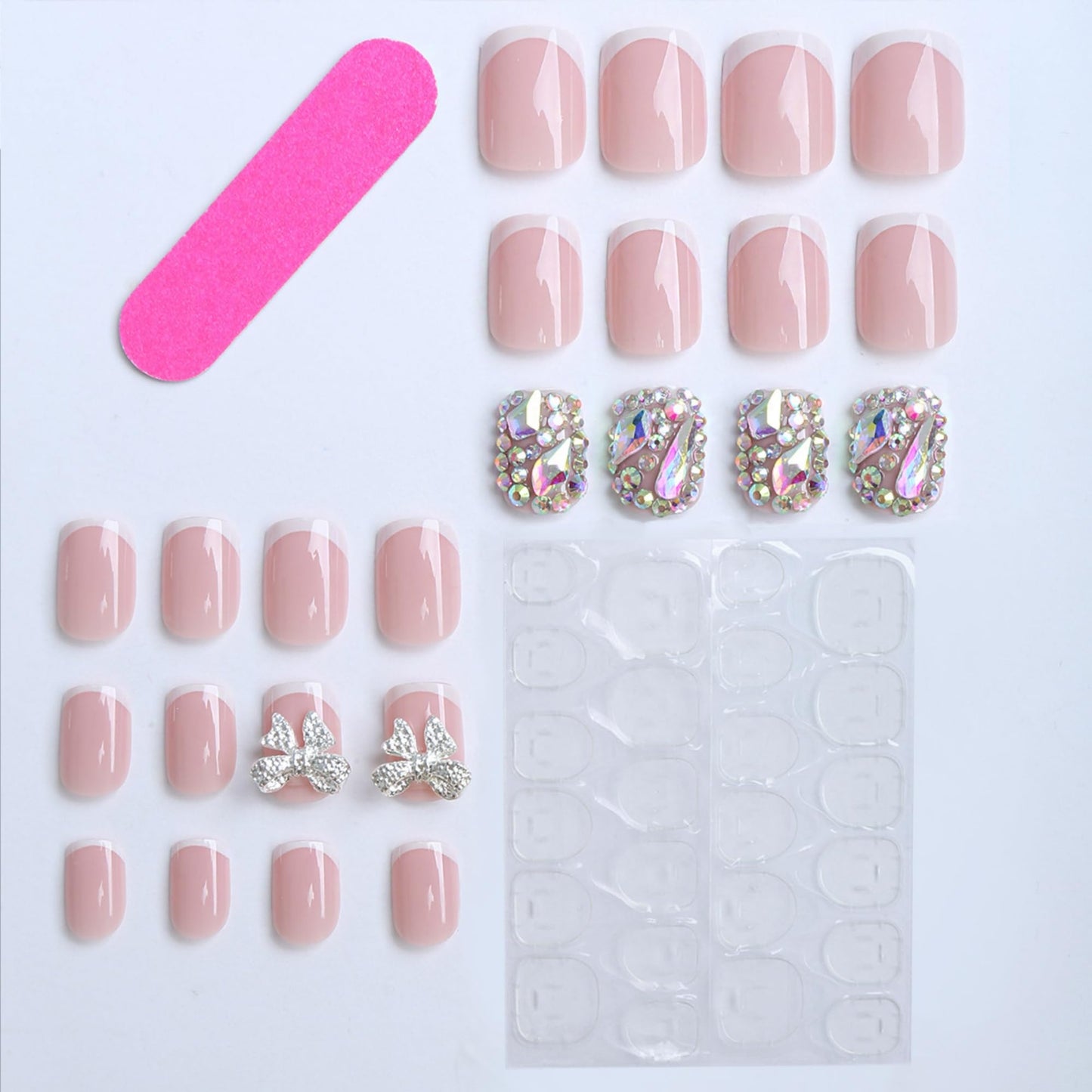 octoswave Press on Nails Short Square Fake Nails DIY3D Artificial Nail Bow Sparkly Rhinestones Charm Stick on Nail for Women 24pcs