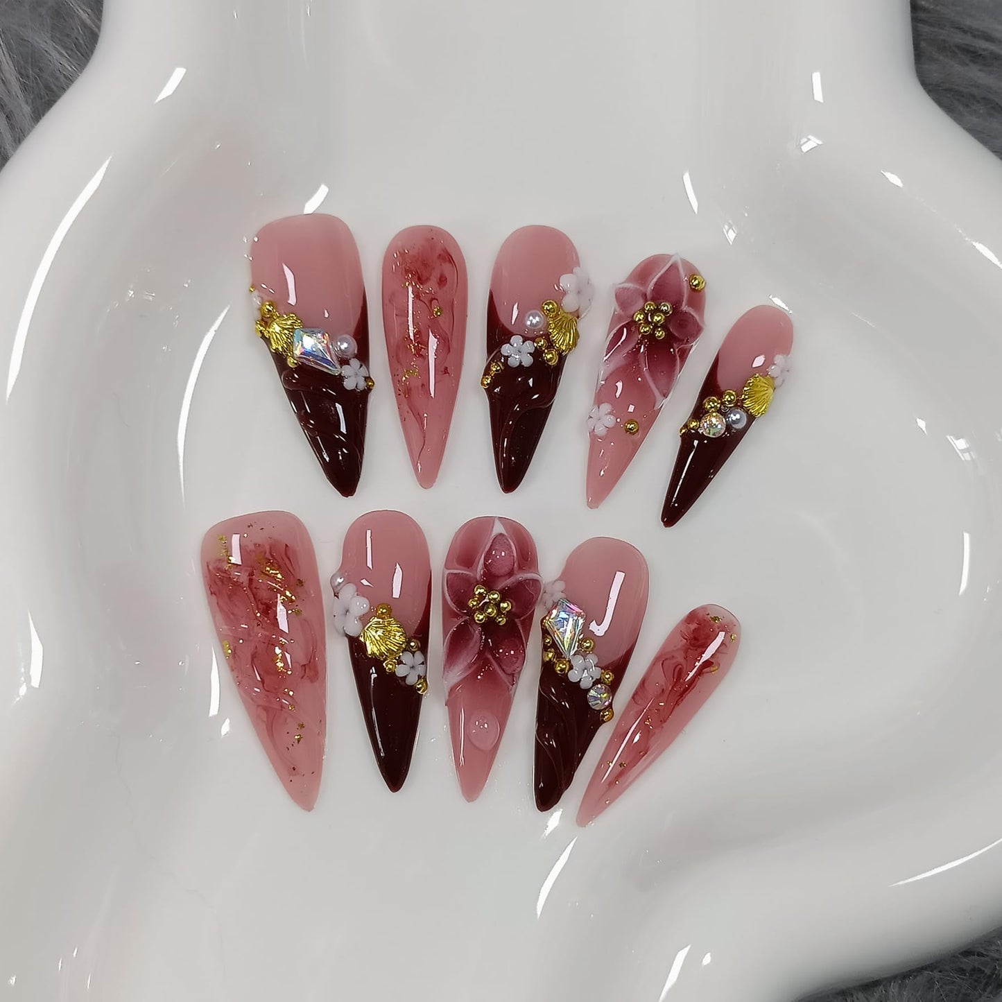 TENPAL Handmade Press on Nails Long Stiletto - Burgundy French Tips 3D Floral Embossed Glossy False Nails for Women Girls Fall Winter- Glossy Acrylic Y2K Nails for Parties Date Daily Wear(L)