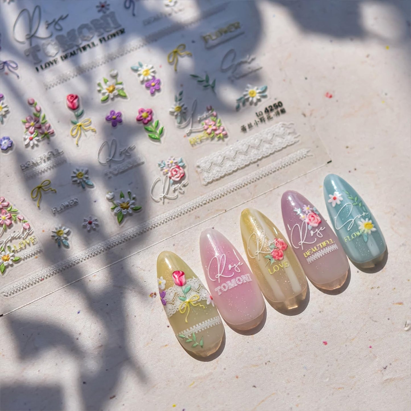 Summer Spring Nail Stickers for Nail Art 5D Self Adhesive Nail Decals Colorful Flower Nail Art Stickers Floral Nails Design Embossed Nail Supplies for Women Girls