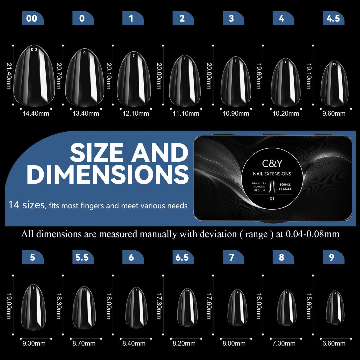 Cycullinyt 600pcs Sculpted Medium Almond Soft Gel Nail Tips, Professional False Nail Tips with Box - 14 Sizes Full Cover Clear Acrylic Press On Fake Nails for Extension Manicure Salon DIY at Home