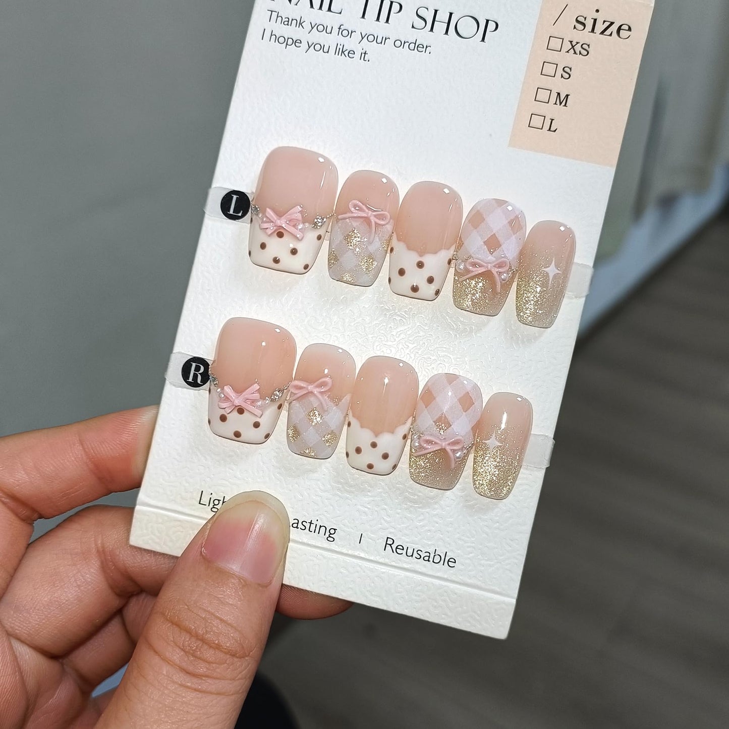 TENPAL 10Pcs Y2K Short Medium Coffin Press On Nails With Tools Kit,Light Pink Cat Eye French Fake Nails with Dot Bow Plaid Pattern,K-Beauty Acrylic Glue on Nails for Wedding Party Daily Wear(M)