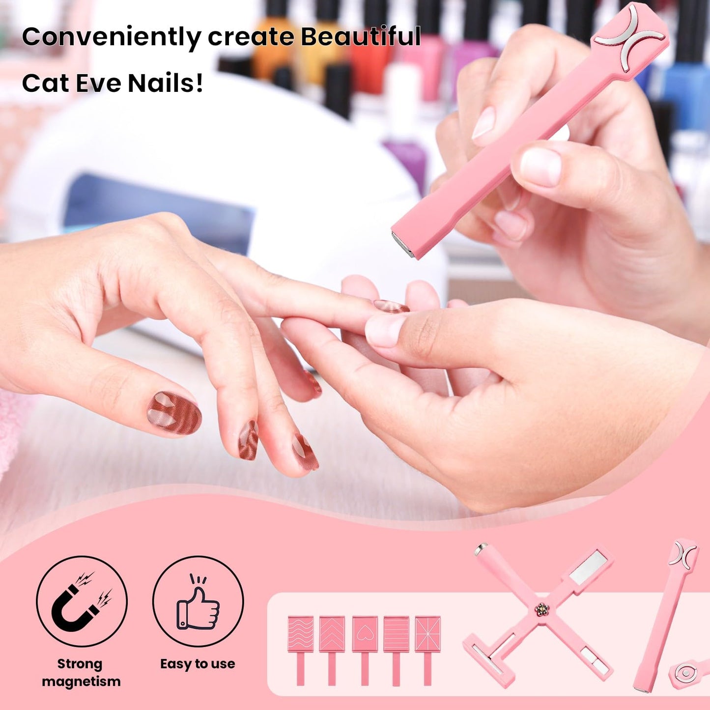 5 in 1 Cat Eye Magnet for Nails Art, 7Pcs Multifunctional Cat Eye Gel Nail Polish Magnet Stripe Nail Magnet Wands for Nails Cat Eye Nail Design Tools Nail Art Accessories(Pink)