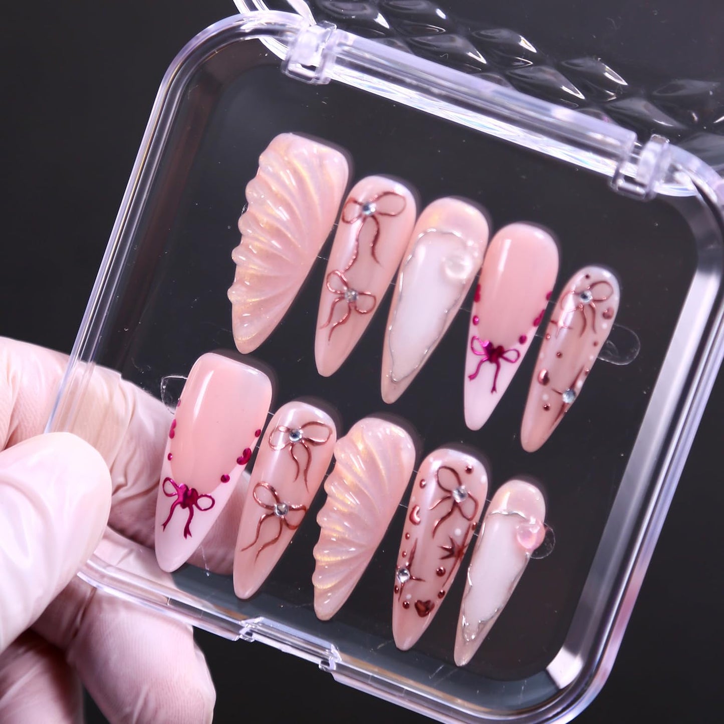 MXYIYANR Press on Nails stiletto Fake Nails Long French stick ons False Nails with 3D Flower False Fingernails Full Cover Stick ons for Women Manicure 10 Pcs (size L)