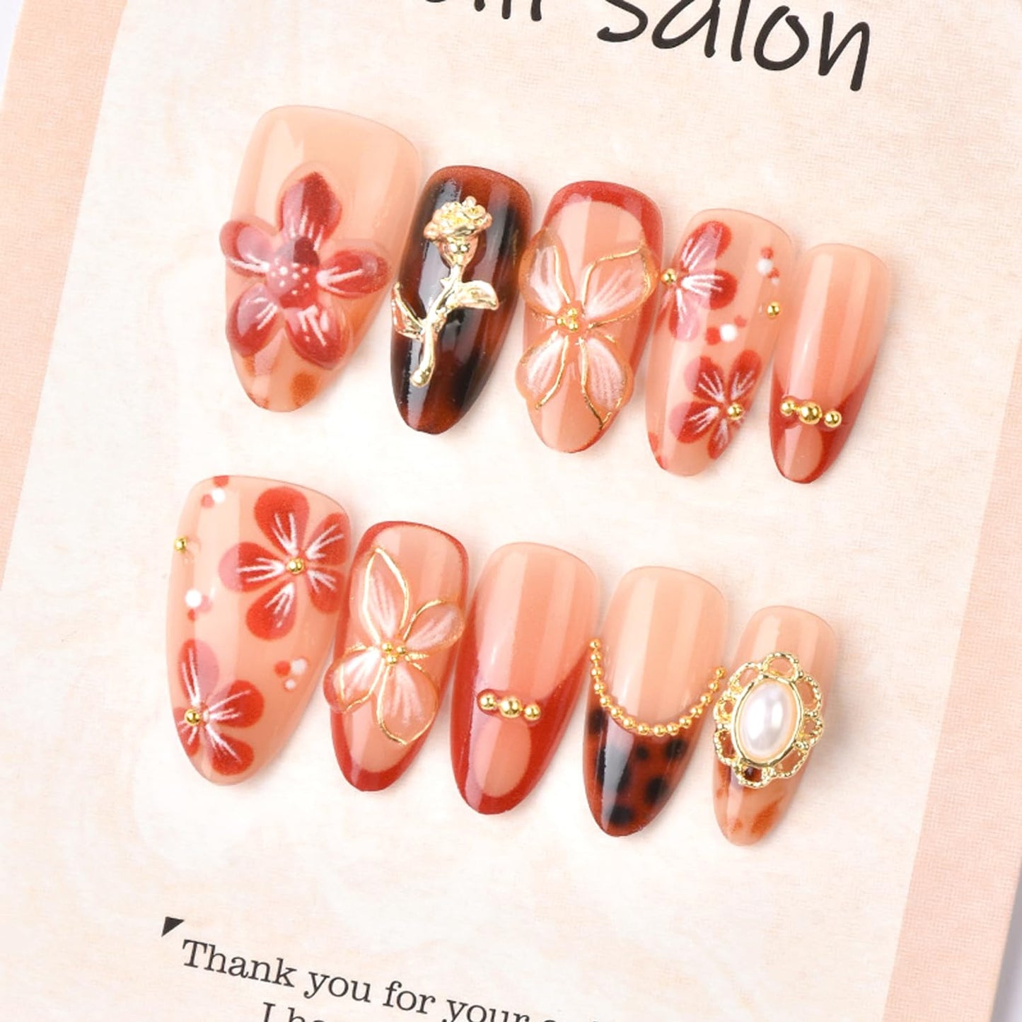 30Pcs Flower Press-On Nail Set Medium Almond Fake Nails with 3D Floral Rose Gold Beads Rhinestones Designs French Tip False Nails Handmade Press on Glue on Nails Gift for Women and Friends