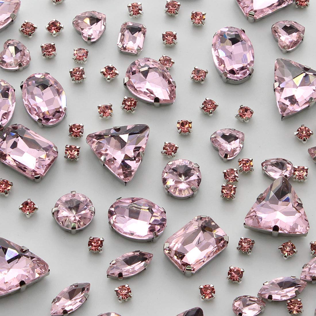 TANOSII Sew on Rhinestones 100 PCS Mixed Shapes Glass Rhinestones Sew on Crystal Gems Mental Flatback with Silver Claw for Jewelry Crafts Clothes Shoes Costume Garment Light Pink