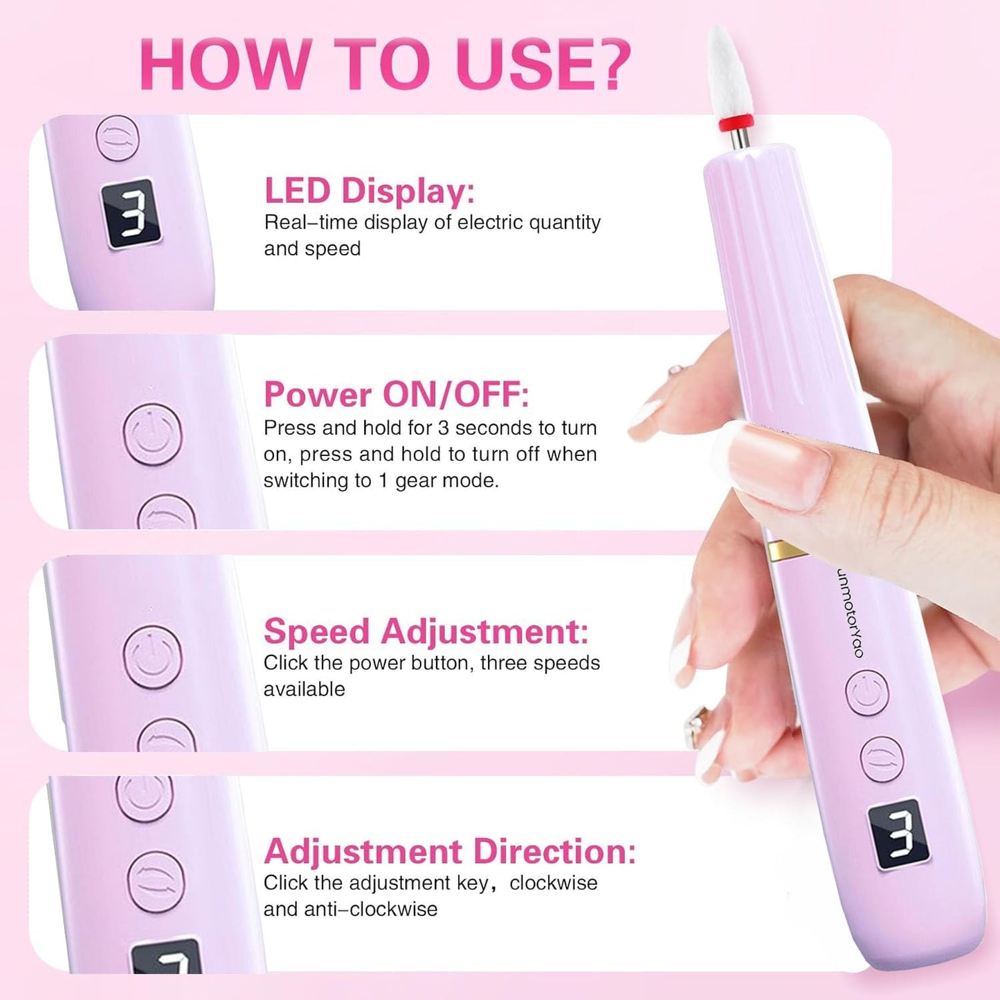 XunmotorYao Professional Electric Nail Drill File, Cordless Nail Drill Machine kit for Acrylic Gel Dip, 12 in 1 Nail Machine Kit Portable Rechargeable Manicure Pedicure Tools for Home Salon(Pink)