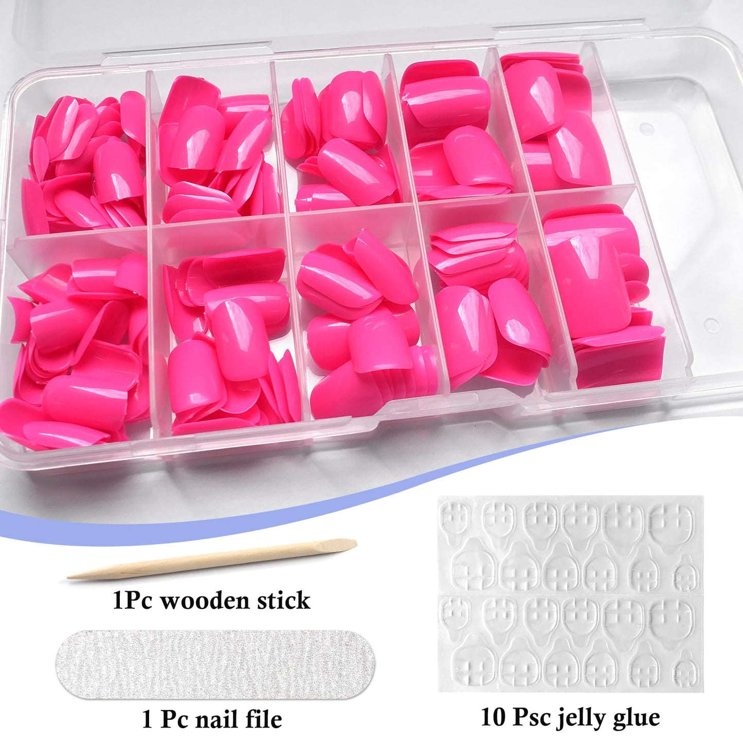 LuckForever Short Press on Nails 240pc Glossy Hot Pink Press on Nails Short Square Round Fake Nails Full Cover 10 Sheets Nail Adhesive Tabs,Small Wooden Sticks and Nail Files False Nails for Women