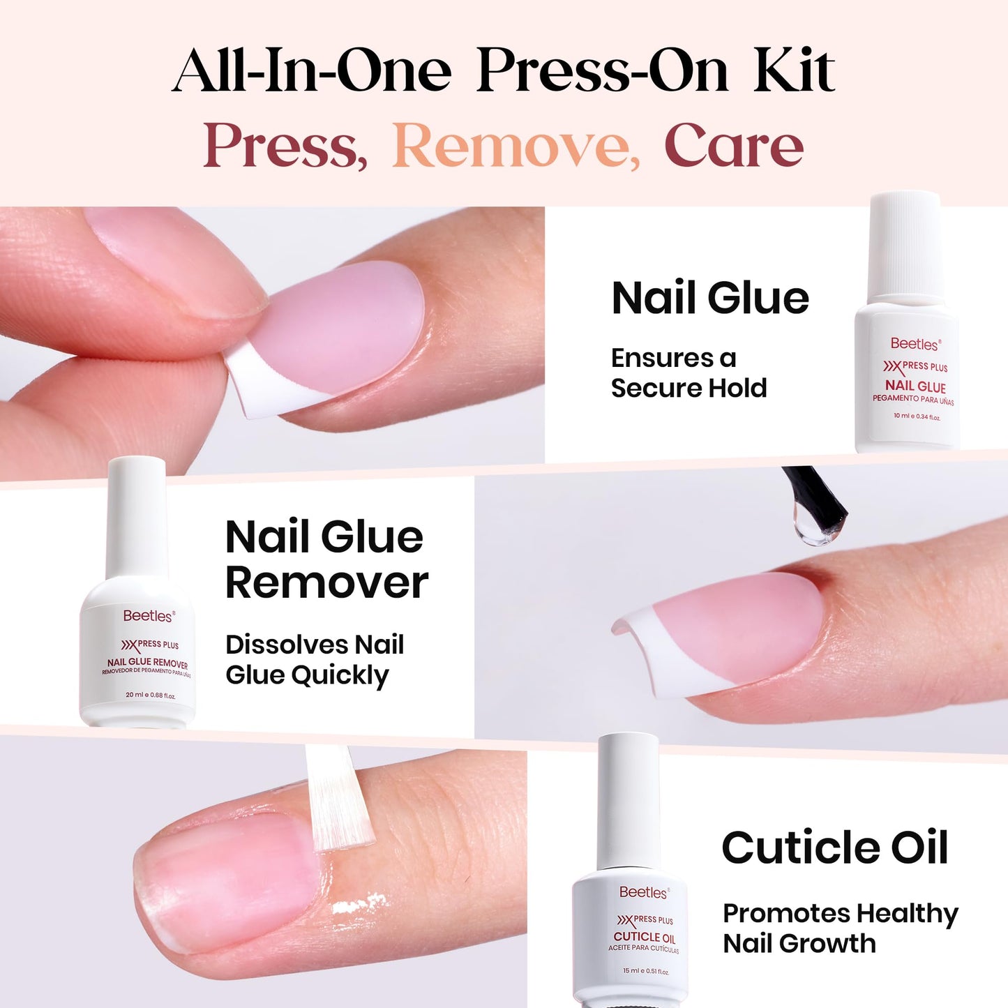 Beetles X Press Plus Gel Nails Kit - Pearl French | Pink Short Square French Tip Press On Nails | 150Pcs 15 Sizes All-in-One Kit With Nail Glue,Remover,Builder Top Coat,Nail Lamp Gift For Women