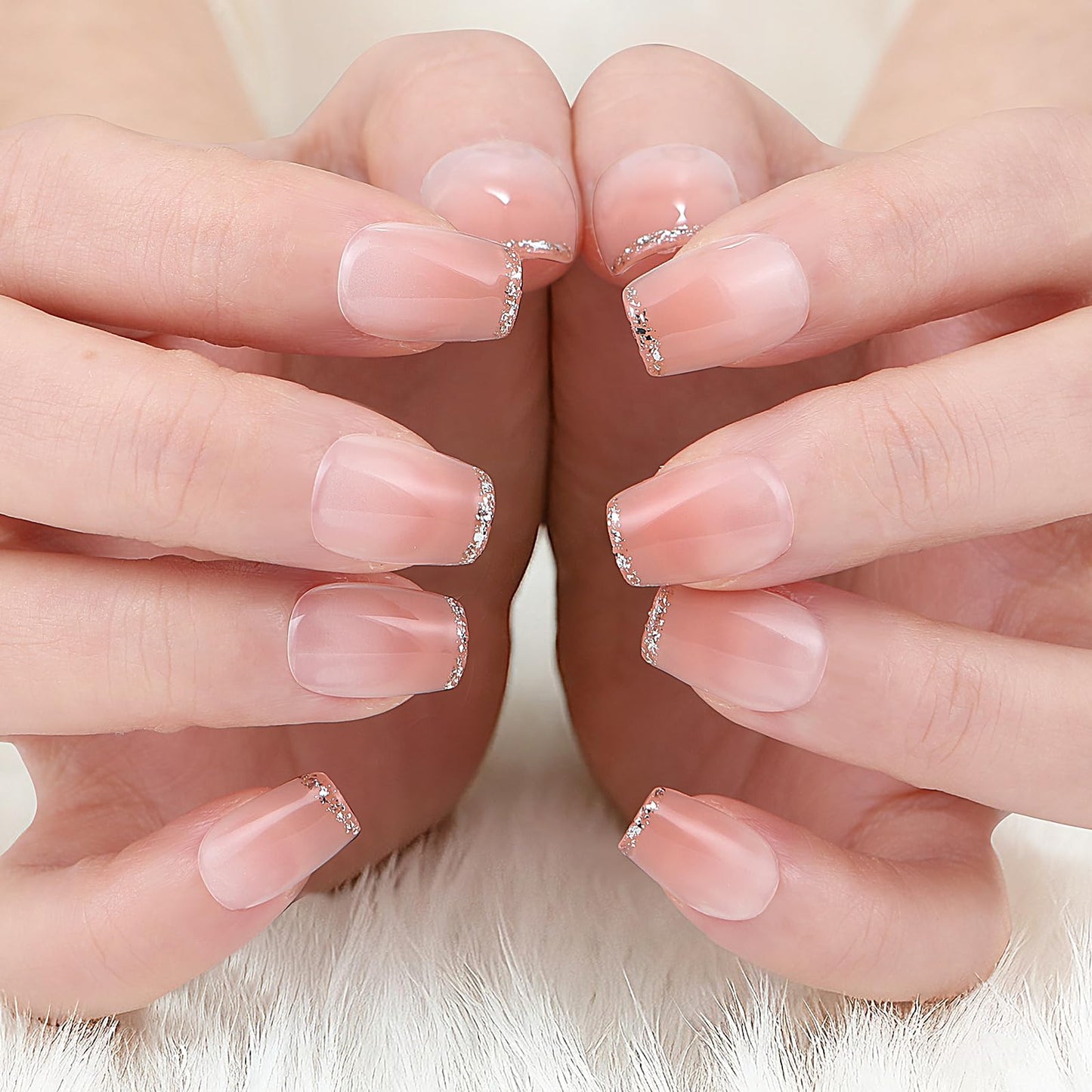 Yacey Handmade Press on Nails Short Square, Reusable False Nails Press Ons, Pink Blush French Tip Thick Acrylic Fake Nails, 3D Artificial Bling Glossy Glue on Nails for Women Girls (10 Pcs, M)