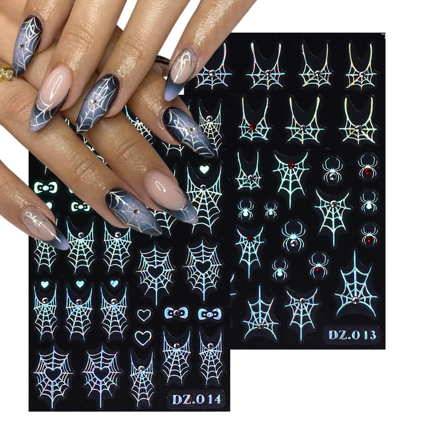 4 Sheets 5D Embossed Halloween Nail Art Stickers Self-Adhesive French Tip Spider Web Nail Decals Laser Gold Silver Rhinestones Spider Nail Designs Stickers Holiday Nails Decoration for Women DIY