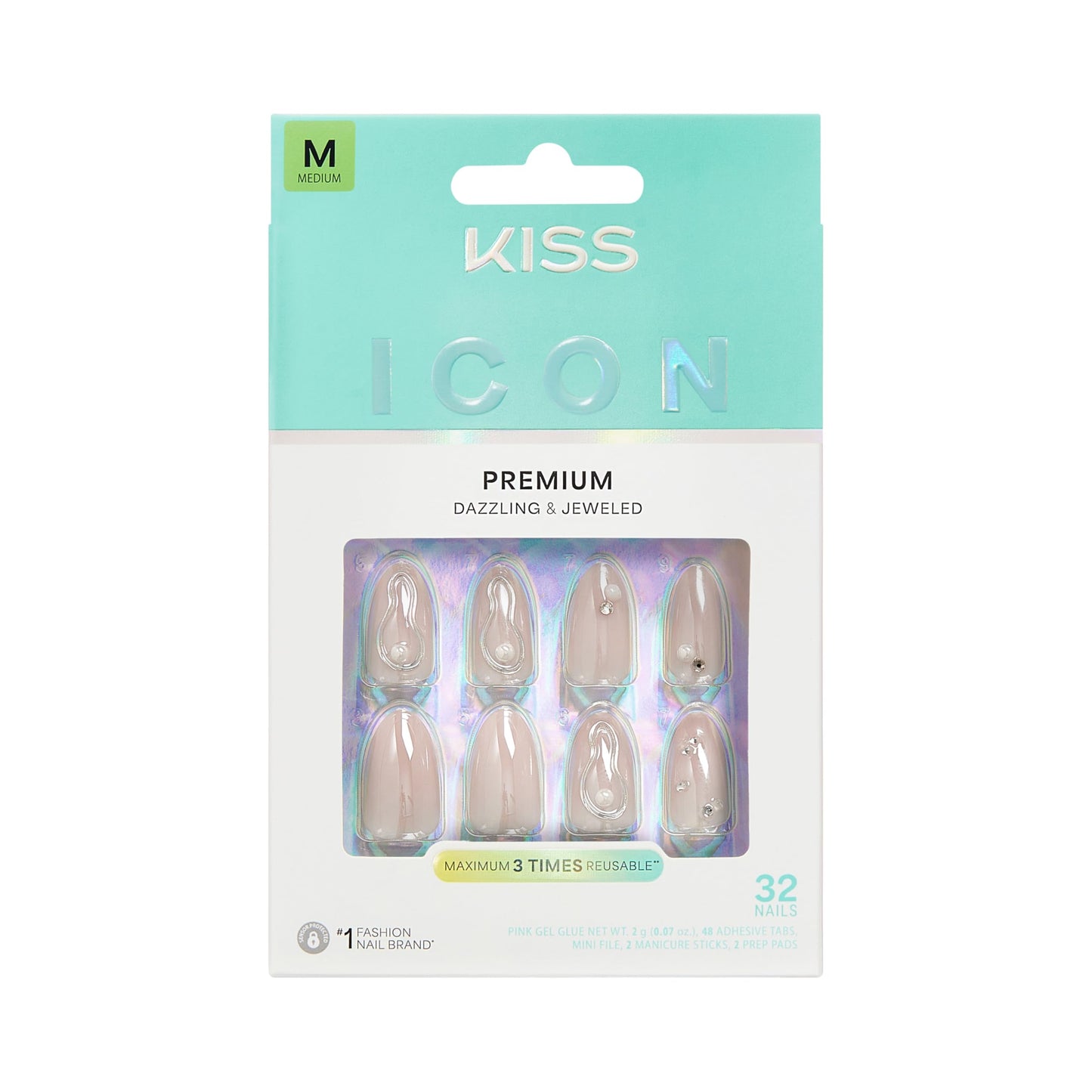 Kiss Icon, Press On Nails, Nail glue included, 'Terrific', White, Medium Size, Almond Shape, Includes 32 Nails, 2g Glue, 2 Manicure Stick, 1 Mini File, 2 Prep Pads, 48 Adhesive tabs