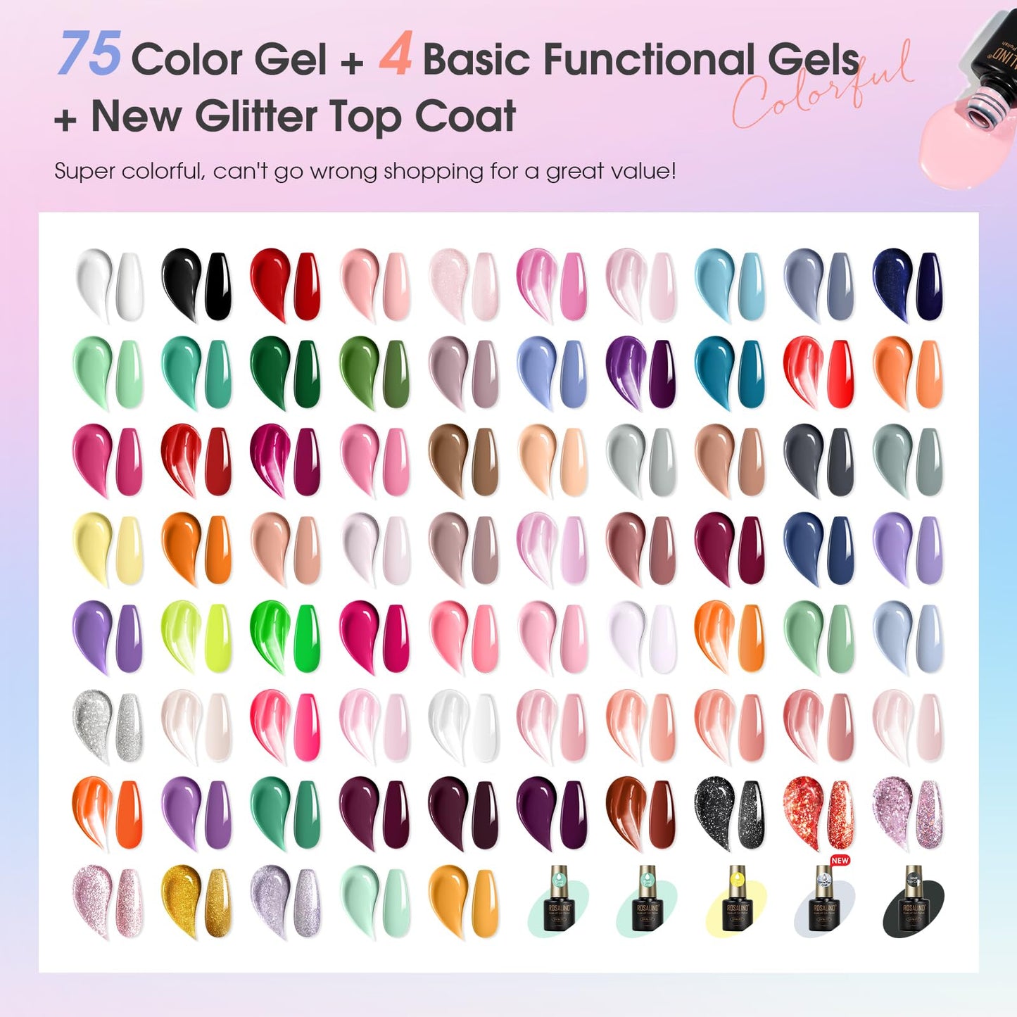 ROSALIND 80 PCS Gel Polish Set with 5PCS Top Coat and Base Coat，75 Multi-Colred u v Gel Nail Polish Kit Soak Off Nail Set for Women