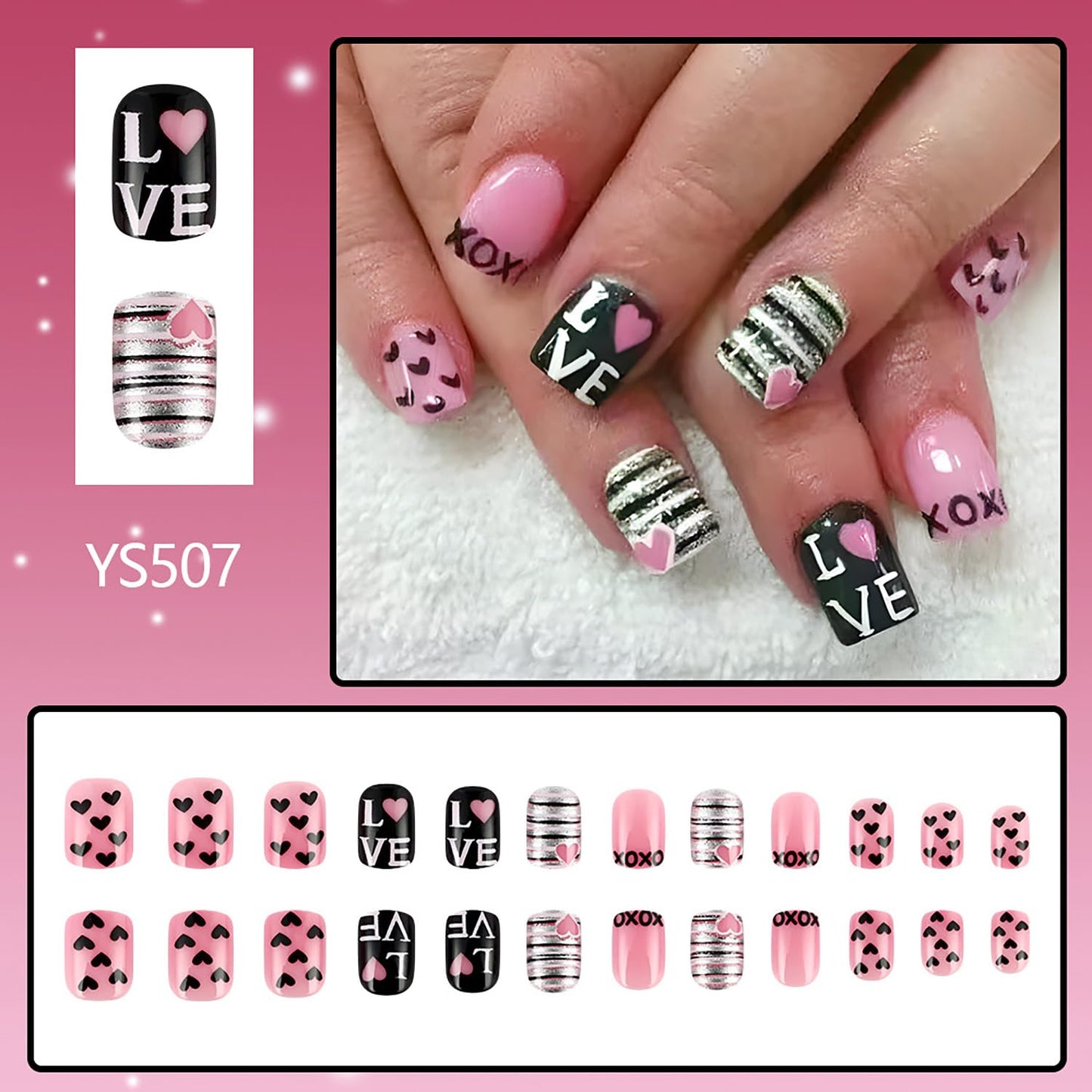 FIEONCIY Press on Nails Short Square Valentine Glossy Full Cover Acrylic False Nails with Heart Designs Artificial Square Fake Nails Glue ons Fingernails for Women Girls (YS507)