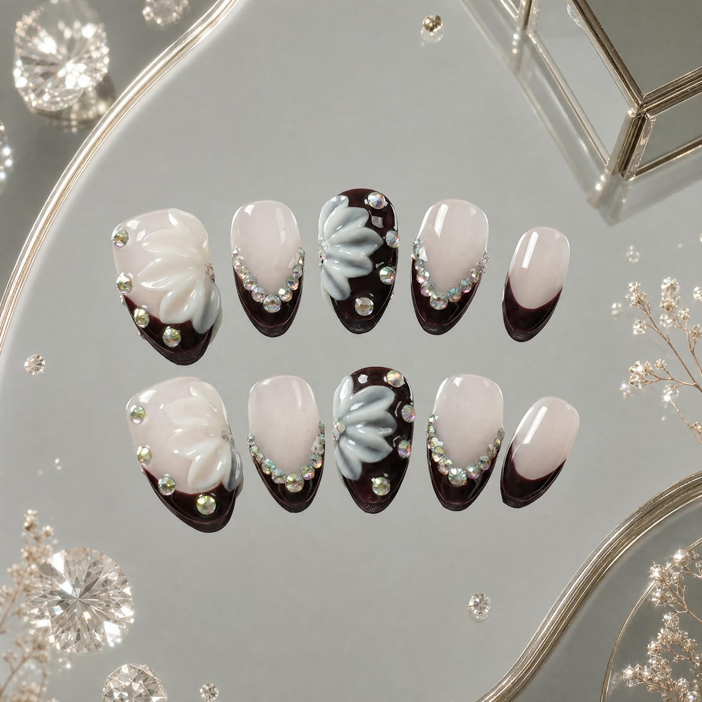 Tesytto Short Almond Press on Nails, Nude Pink Dark Burgundy Ombre Fake Nails with 3D Floral & AB Rhinestone, Handmade Salon Quality Reusable False Nails for Women (Burgundy Bloom Gem,S)