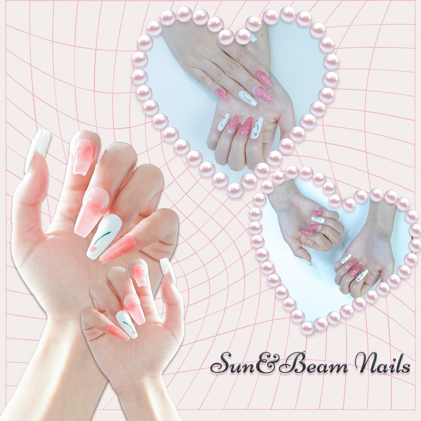Sun&Beam Nails Handmade Press-on Medium Coffin Ballerina Pink Green White Minimalist Flower Gradation Design Fashion False Nail Tips 10 Pcs Set (#171 M)