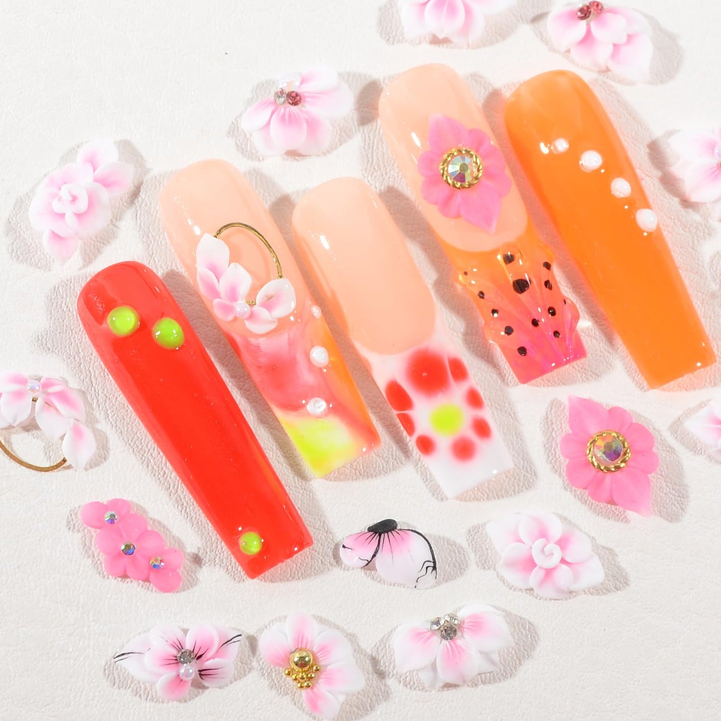 30PCS 3D Handmade Flower Nail Art Charms Advanced Handcrafted Cherry Blossom Flower Colorful Sculpted Floral Nails with Rhinestone Caviar Beads Design for Women Profession Nail Art Craft Jewelry