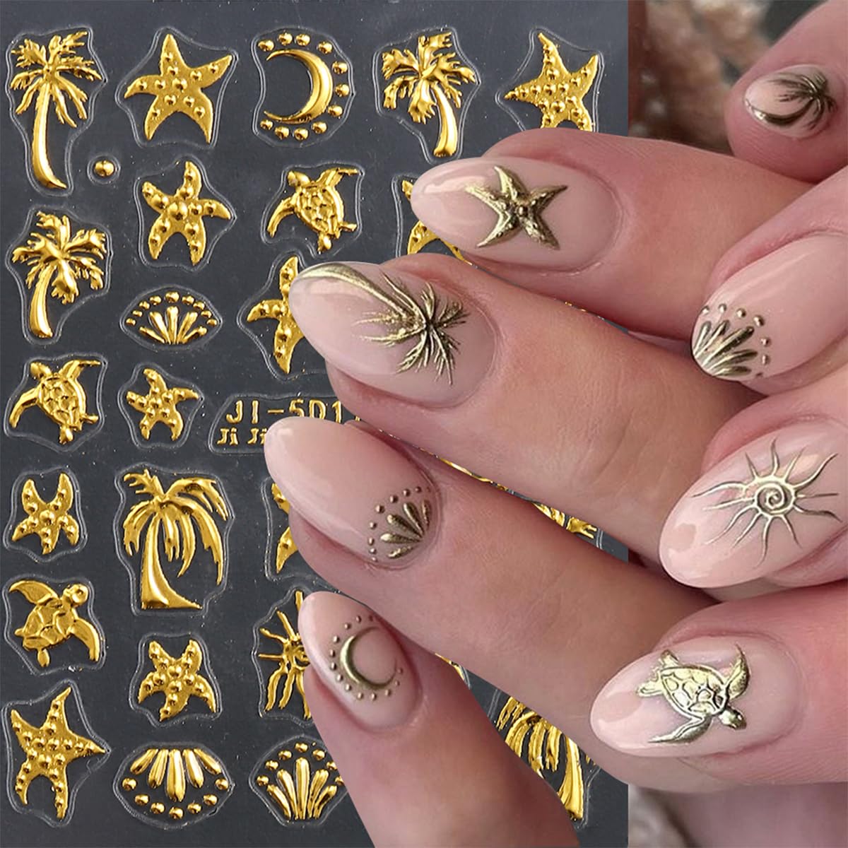 Summer Nail Stickers for Nail Art 5D Self-Adhesive Nail Decals Gold Starfish Sea Turtle Palm Sun Design Flower Nail Art Supplies for Women DIY Summer Beach Manicure Tip Decoration, 2Pcs