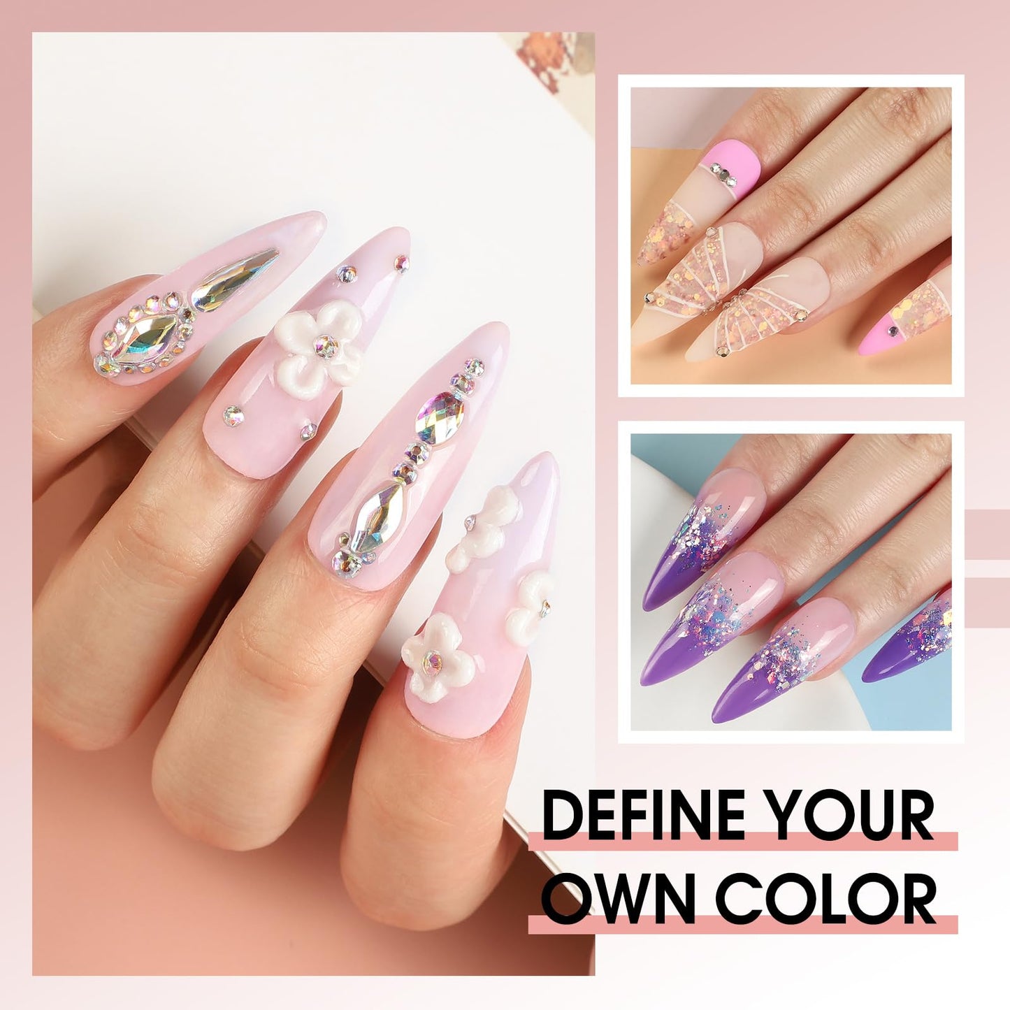 Acrylic Nail Kit for Beginners with Drill U V light, 3pc Acrylic Powder Clear/ Pink /White Set 12Pcs Glitter Powder 200Pcs Fake Tips Nail Starter Kit for Extensions DIY
