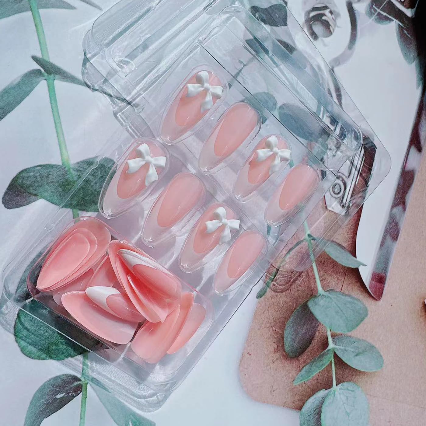24Pcs French Tip Press on Nails Medium Almond Shape Fake Nails with White Bow Design Charms False Nails Stick on Nails Press ons Full Cover French Acrylic Nails for Women Girls Nail Decorations