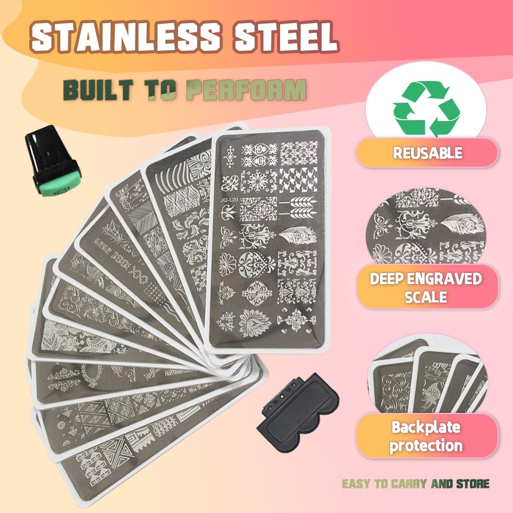 Beauty Leader 10 Nail Plates Mix Designs Nail Art Image Stamp Stamping Plates Manicure Template Nail Art Tools +2 Pcs Stamper DIY Stamping Plate(11-20)