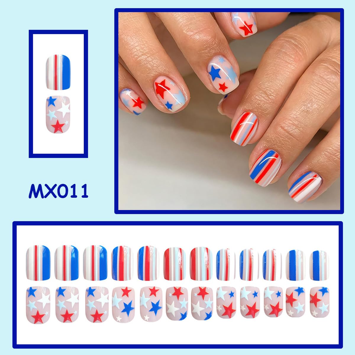 4th of July Press on Nails Short Square Fake Nails Patriotic Nails Press ons with Red Blue Stars & Stripes Design,Reusable Artificial Nails,24Pcs Nail Kit for Women Independence Day Manicure