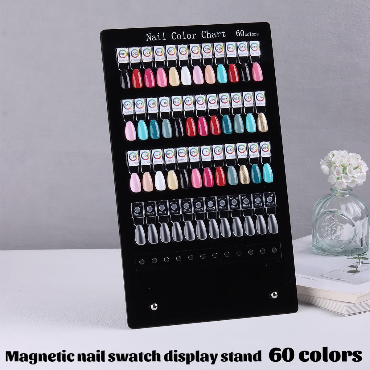 FSpronail 60Colors Magnetic Nail Swatch Book, Rectangle Acrylic Detachable Nail Polish Color Display Stand Gel Polish Sample Chart Board Showing Shelf with False Tips Number Stickers Salon Supplies
