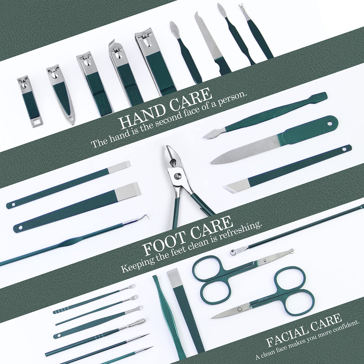 WOAMA Manicure Set Nail Clippers 30-piece Pedicure Kit Manicure Tools Nail Manicure Kit with Green Travel Case for Home, Workplace, Gift, Beauty Salon