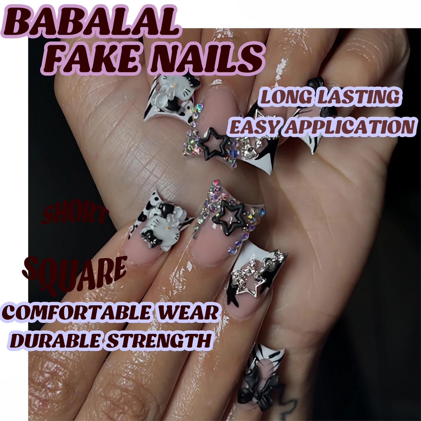 BABALAL French Tip Press on Nails Short Square Fake Nails with Bow Charms Designs Black White Zebra Print False Nails Silver Star Y2k Acrylic Nail Handmade Stick on Nails for Women Girls Kids 24Pcs