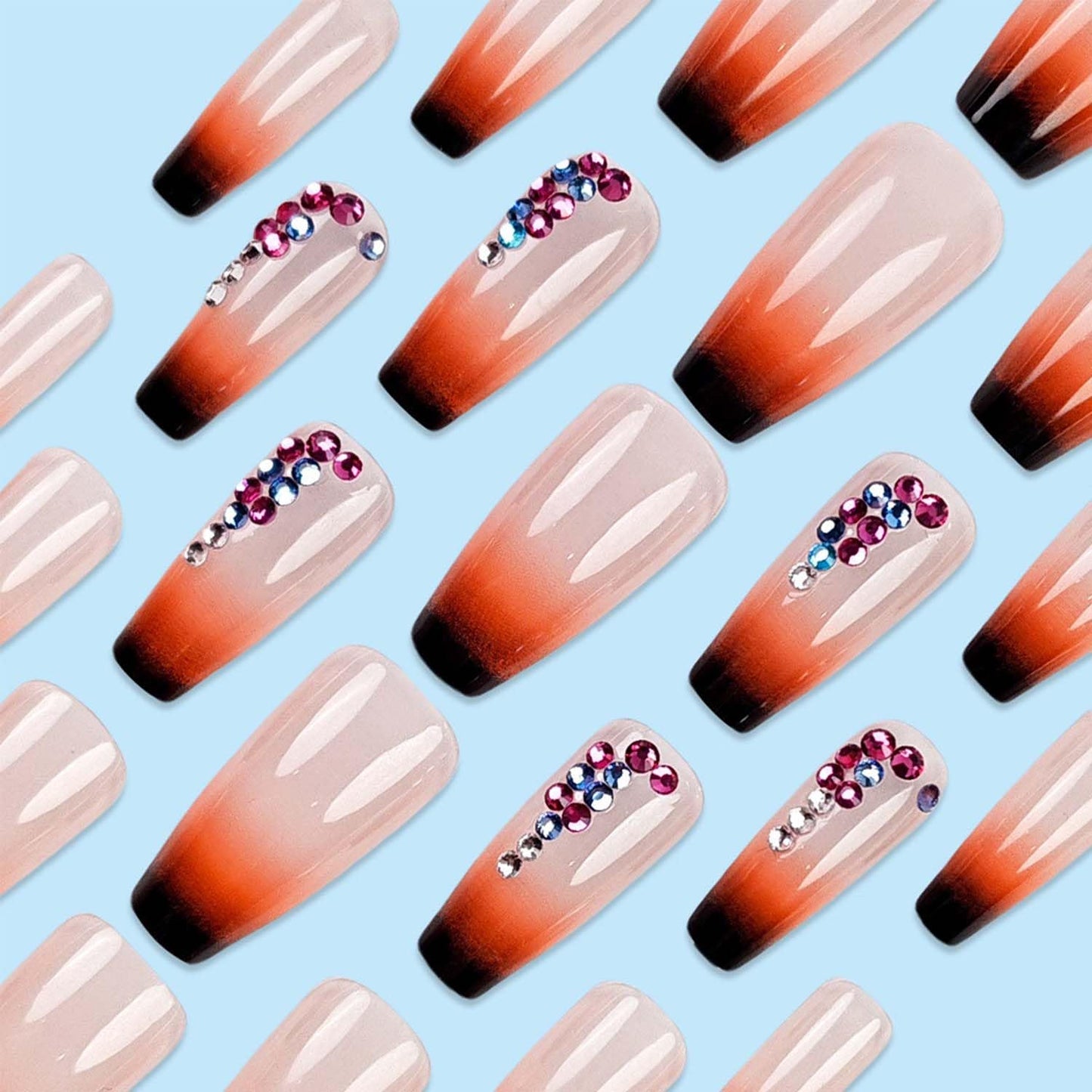 Coffin Press On Nails Medium Fake Nails Gradient With Rhinestone Design Black Ombre False Nails Full Cover Artificial Acrylic Glossy Glue On Nail Stick On Nail For Women Manicure 24pcs
