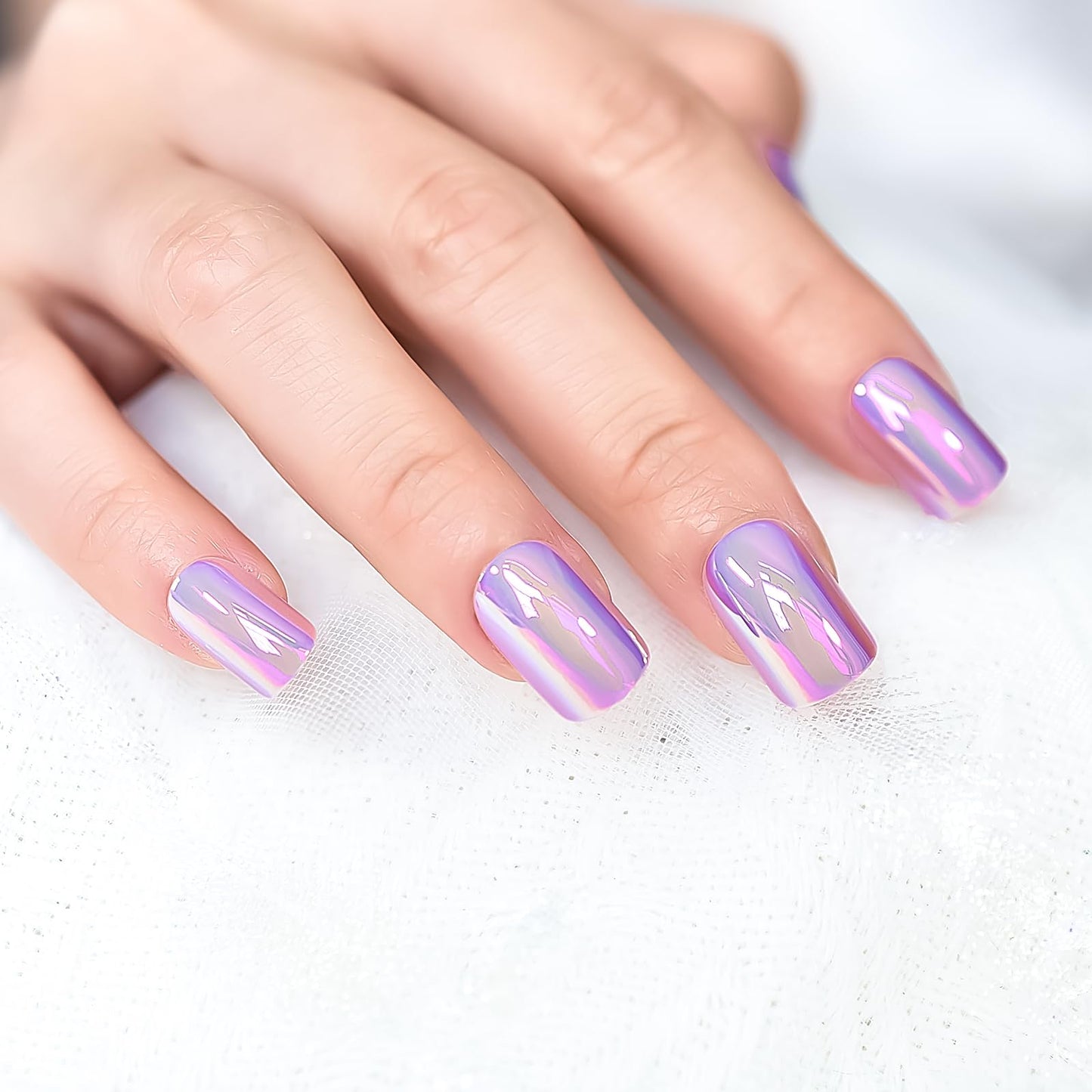 iBeautying Press on Nails - Metallic Mirror Purple Pink False Nails | Punk Metal Chrome Finish Short Reusable Fake Nails 24pcs Kit with Jelly Glue Pad