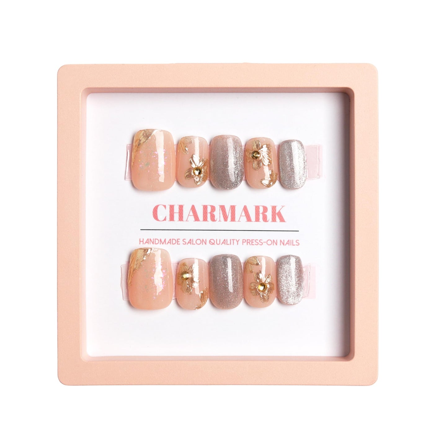 CHARMARK Press on Nails Handmade Gel Manicure, Unique Exquisite for Daily, Party, Bridal Decorations Nail Kit, 16Pcs Reusable Well Made Glue/Stick on Nail (04.Golden flower, M-suit for 70% people)
