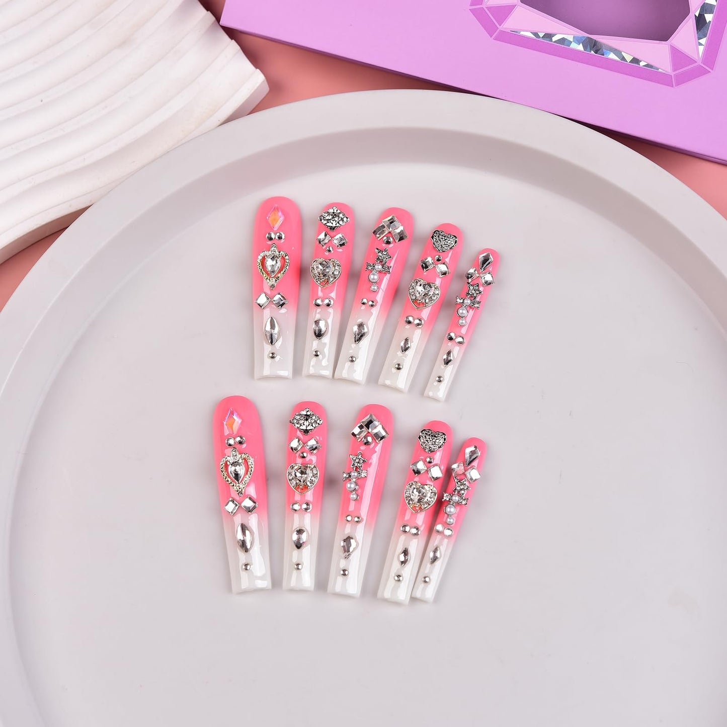 Tmani 10pc/set Extra Long Handmade Press On Nail Hot Girl's Long Ballet Nails Square Nail Full of Diamond Glitter Decoration Fake Nails Suitable For Girls Festival Parties and Birthday Gift (134,L)