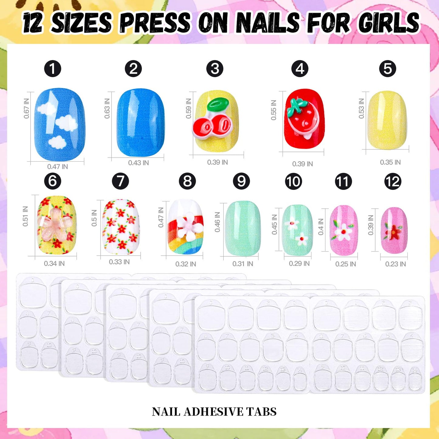 FANDAMEI Press on Nails for Girls, 6 Styles 144PCS Press on Nails for Kids, Little Girl Nails Press on Short Round with Nail Charms and Gems, Fake nails for Kids, Girls with Adhesive Tabs