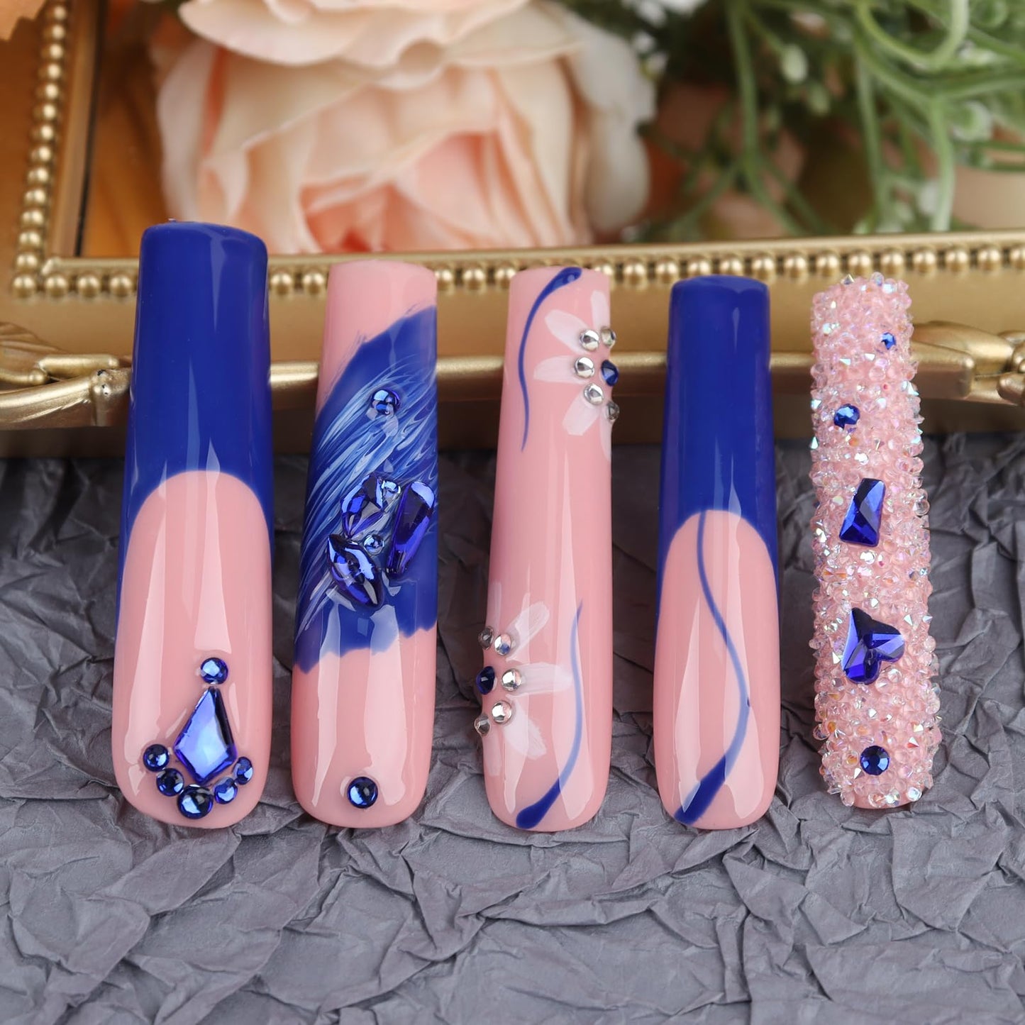 Handmade Long Acrylic Nail Tips, Pink Press on Nails with Full Covered Crystals, Fake Luxury Diamond Nails, Long Square False Nails, Gifts for Women, Reusable Stick On Nails 10Pcs,Bluish pink Size L
