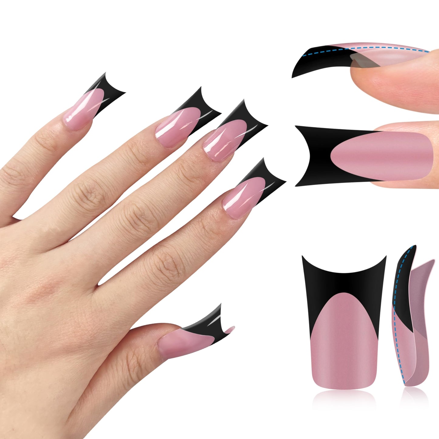 MUTIOVO Black French Tip Duck Feet Nail Tips Full Cover for Press on Acrylic with Moon Curve, BERRY PINK Extra Thick Medim Long, Flare Wide Soft Gel Fake False Nail Extension x 15 Sizes 150 pcs