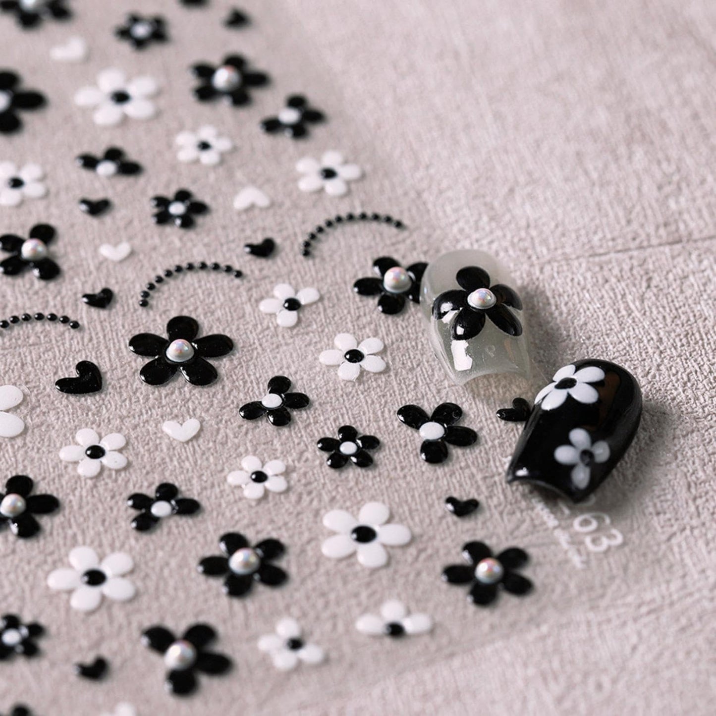 5D Embossed Flower Nail Art Stickers Black White Flower Nail Stickers with Pearl Design Self-Adhesive Nail Decals for Women Girls Spring Summer Manicure DIY Nail Supplies