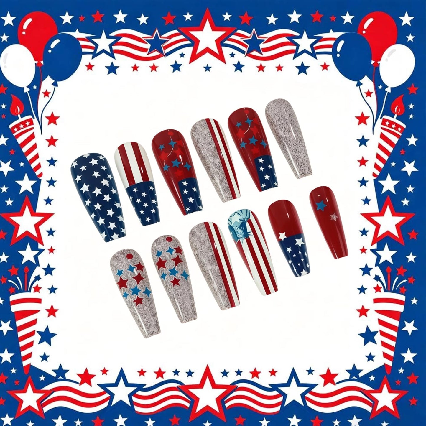 CJDLTS Independence Day Press on Nails Medium Ballet Artificial Fingernails Statue of Liberty Red White Lines with Color Stars Fake Nails 4th of July Reusable Stick on Nail for Women Holiday Manicure